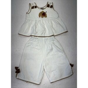 Walk Walk White Toddler Top/bottom  With Elephant Embroidery &‎ Bow Straps XL